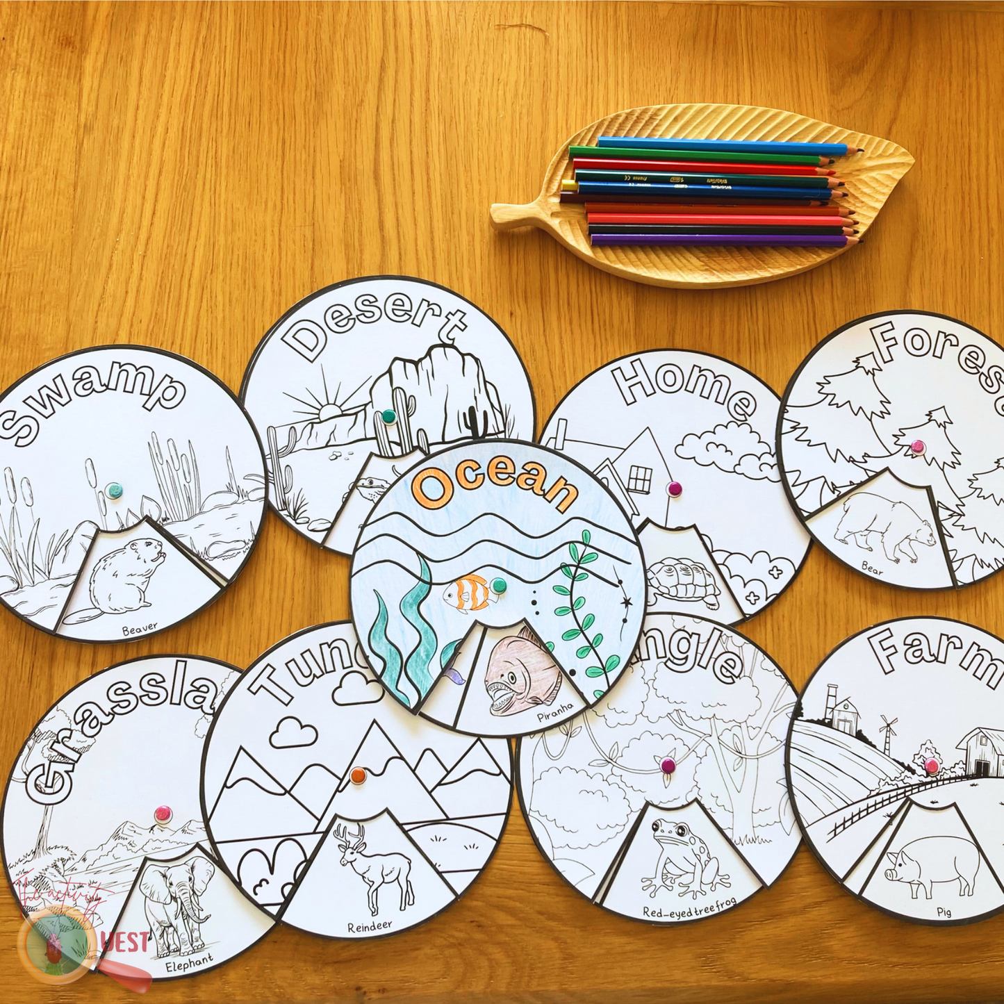 9 Animal Biomes Coloring Wheels Printable for Kids, Creatures Habitats Discs to Color for Children, INSTANT DOWNLOAD PDF