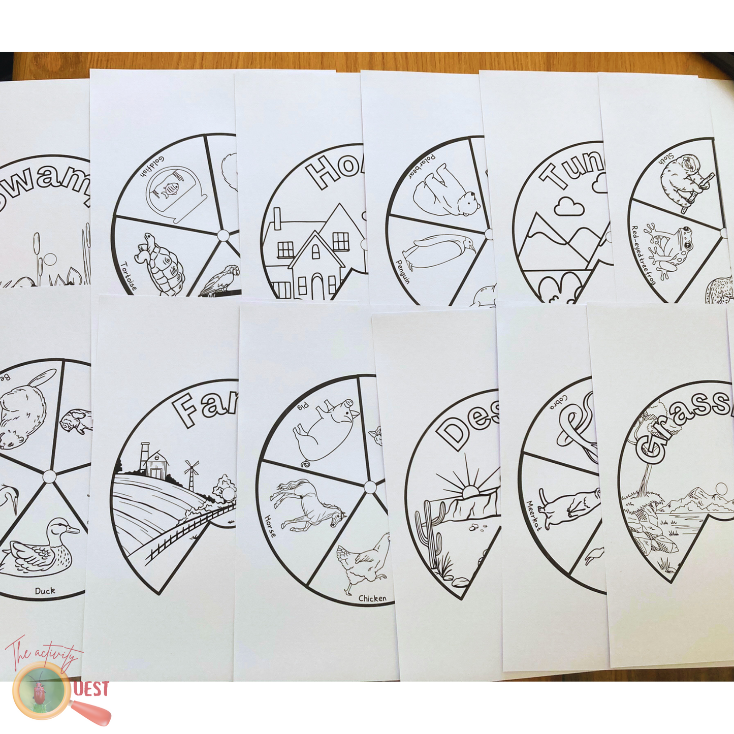 9 Animal Biomes Coloring Wheels Printable for Kids, Creatures Habitats Discs to Color for Children, INSTANT DOWNLOAD PDF