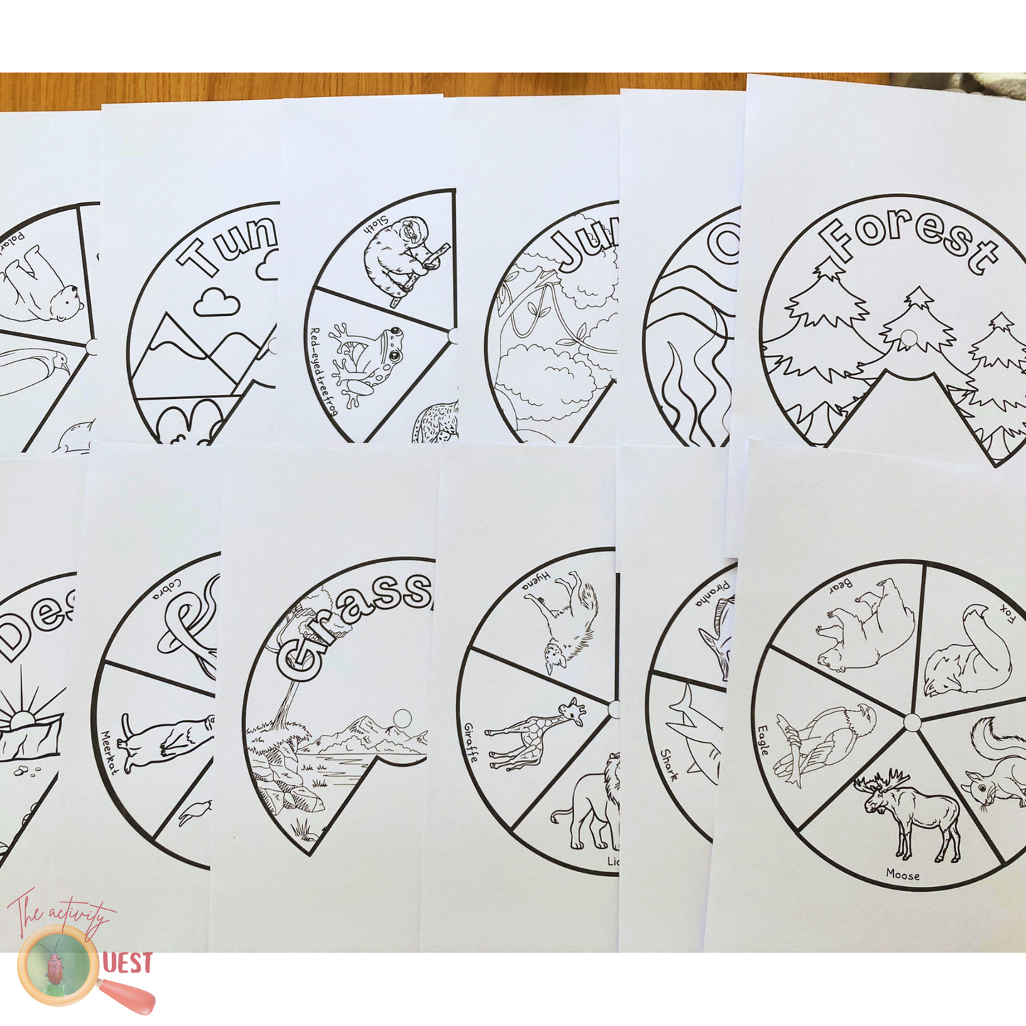 9 Animal Biomes Coloring Wheels Printable for Kids, Creatures Habitats Discs to Color for Children, INSTANT DOWNLOAD PDF