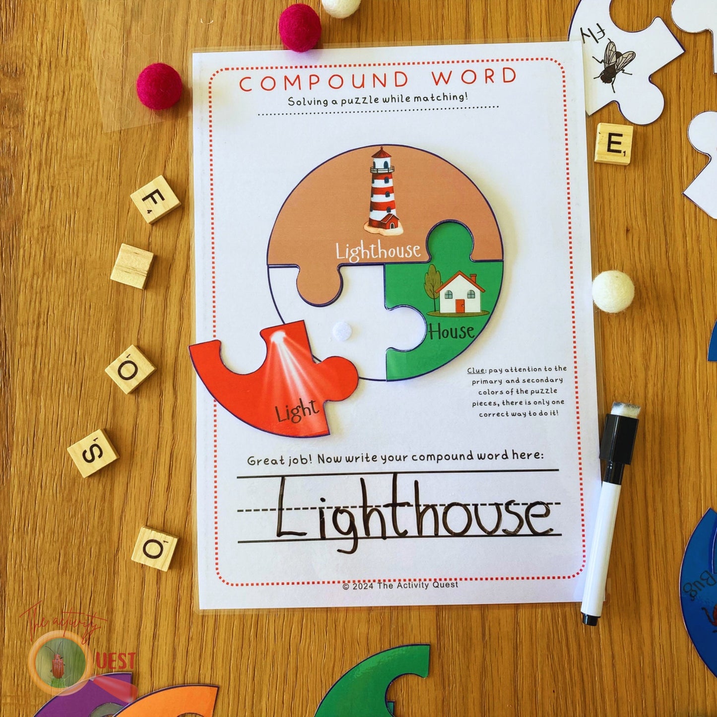 Compound Word and Color Mixing Puzzle Printable, INSTAND DOWNLOAD PDF