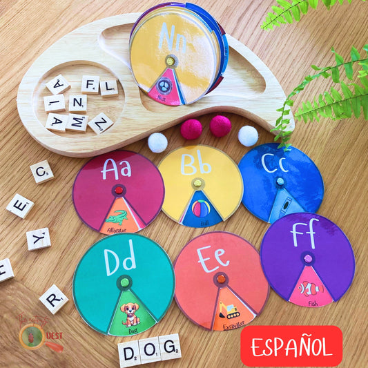 Spanish Alphabet Beginning Sounds Small Wheels Printable, ABC Phonic Discs Game for Kids, INSTANT DONWLOAD PDF