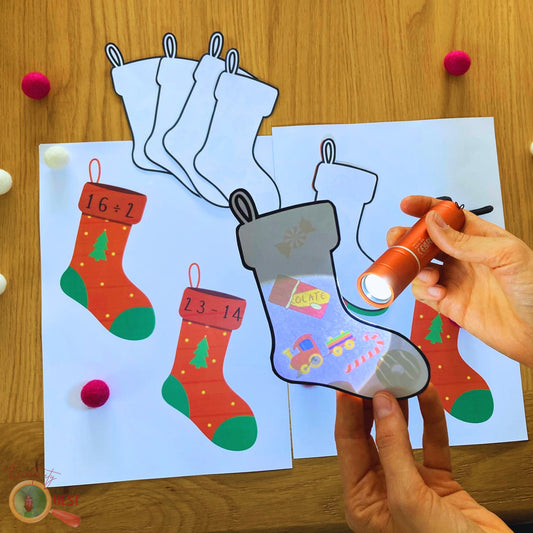 CHRISTMAS Stockings Math Printable Activity for Kids, Counting and Simple Equations for Children, INSTANT DOWNLOAD PDF