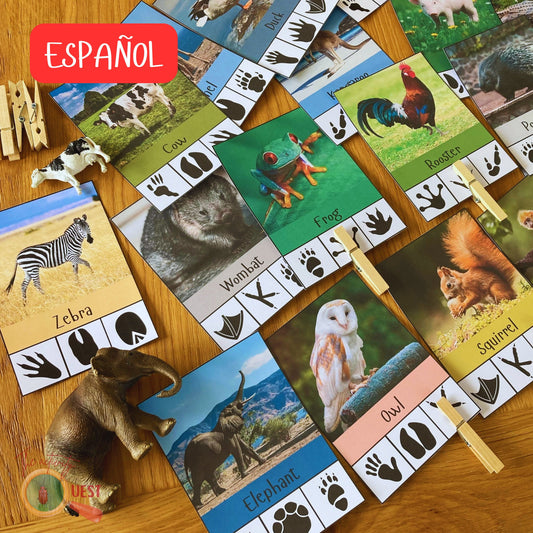 20 Animal Footprints Clip Cards Spanish Printable, Nature Tracks Identification Flashcards, INSTANT DOWNLOAD PDF