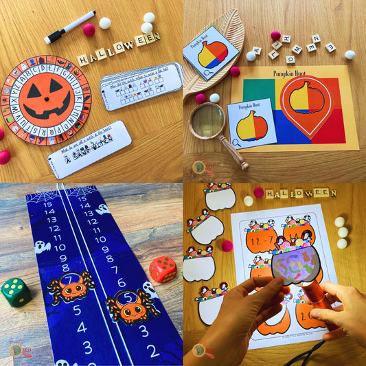 HALLOWEEN Activity Bundle for Kids, Early Math Skills, Cipher Decoder Wheel, Logical Critical Thinking Game, Spider Race, INSTANT DOWNLOAD