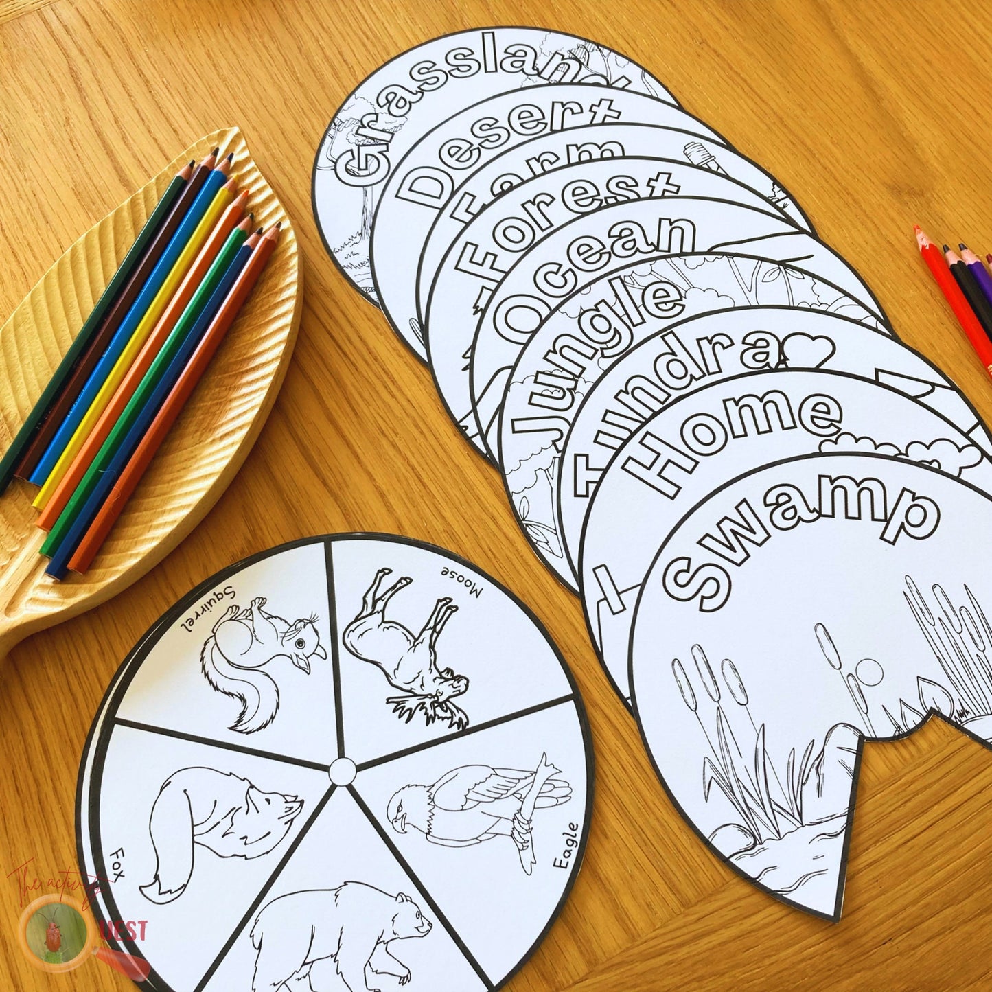 9 Animal Biomes Coloring Wheels Printable for Kids, Creatures Habitats Discs to Color for Children, INSTANT DOWNLOAD PDF