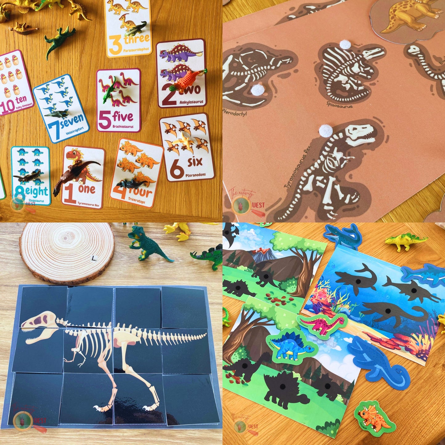 Dinosaur Printable Bundle Activity for Kids, T-Rex Jigsaw, Shadow and Fossil Matching and Numbers Cards for Children, INSTANT DOWNLOAD PDF